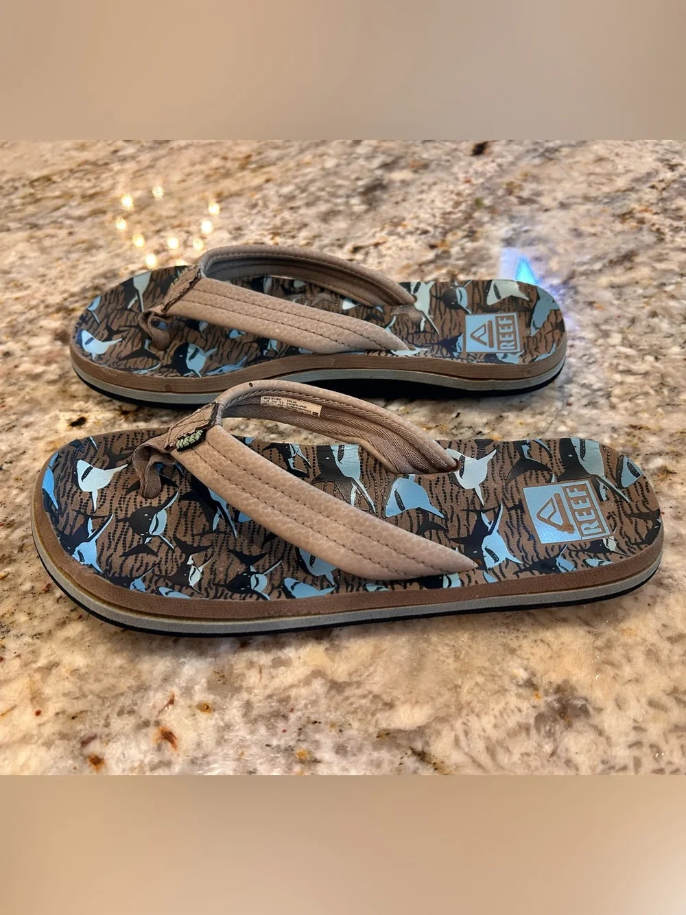 Reef Kids Brown Flip Flops with Light Blue Shark Print